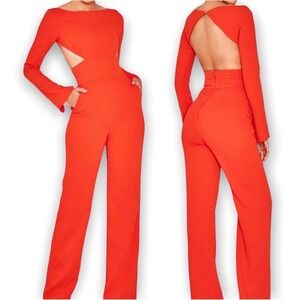 House of CB Crisanta Long Sleeve Open Back Cutout Jumpsuit Orange Size Medium